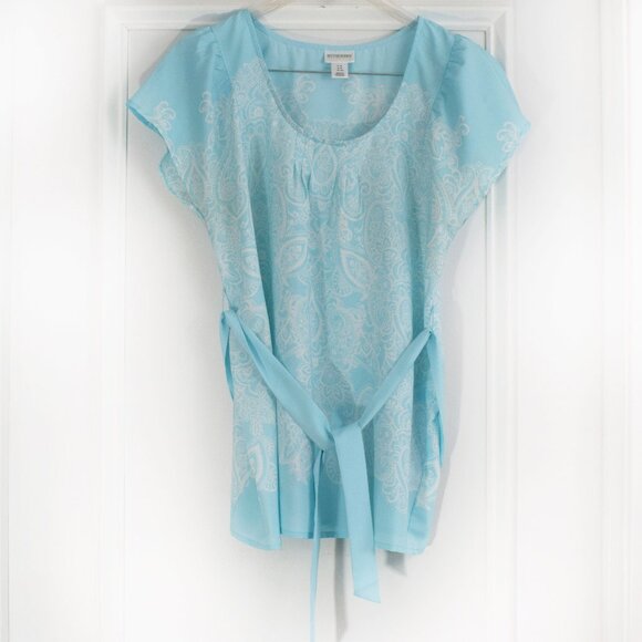 Motherhood Maternity Tops - Motherhood Maternity Paisley Top Women Small Belt Blue White Casual Popover Boho